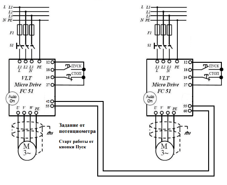 Управление пч. Схема подключения двух частотных преобразователей. Электрическая схема включения частотного преобразователя Danfoss. Схема подключения частотного преобразователя через пускатель. Частотный преобразователь Danfoss VLT FC-101 схема подключения.